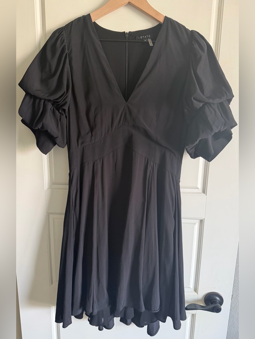1. State Black V-Neck Puff Sleeve Dress
